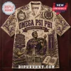 Omega Psi Phi Howard University Hawaiian shirt with purple and beige vintage graphics, including a clock and fraternity crest.
