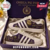 Omega Psi Phi Howard University Purple Casual Sneakers featuring gold bulldog logos and fraternity symbols in a gift box.