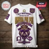 Omega Psi Phi Old Bastards Lifetime Member shirt on white fabric with purple and gold bulldog graphic and fraternity text.