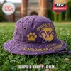 Omega Psi Phi Premium Distressed Purple Bucket Hat featuring gold Greek lettering, a paw print, and frayed fabric edges.