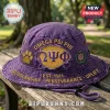 Omega Psi Phi Premium Distressed Purple Bucket Hat with gold Greek letters, paw print, and embroidered fraternity motto.