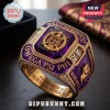 Omega Psi Phi Purple Amethyst Gold Ring featuring gold fraternity crest, inlaid purple stones, and engraved side detailing.