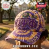 Omega Psi Phi Purple and Gold Custom Baseball Cap with distressed tie-dye fabric, 1911 embroidery, and fraternity symbols.