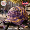 Omega Psi Phi Purple and Gold Custom Baseball Cap with tie-dye pattern, fraternity lettering, and bulldog mascot design.