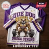 Omega Psi Phi Que Dog Built Weightlifting shirt in purple and white with a muscular bulldog lifting a heavy barbell.