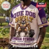 Omega Psi Phi Que Dog Built Weightlifting Shirt with purple and gold graphics, featuring a muscular bulldog lifting weights.