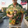 Oregon Ducks Too Old To Care Hawaiian shirt with palm trees, stadium graphic, and vintage-style text on tan fabric.