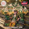 Oregon Ducks Too Old To Care Hawaiian shirt featuring tropical patterns, vintage truck, and fan text on a tan background.