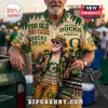 Oregon Ducks Too Old To Care Hawaiian shirt with palm tree graphics, yellow and green text, and a beer-drinking elderly man.