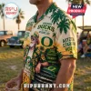 Oregon Ducks Too Old To Care Hawaiian shirt featuring palm trees, vintage truck, and fan graphics in green and tan hues.