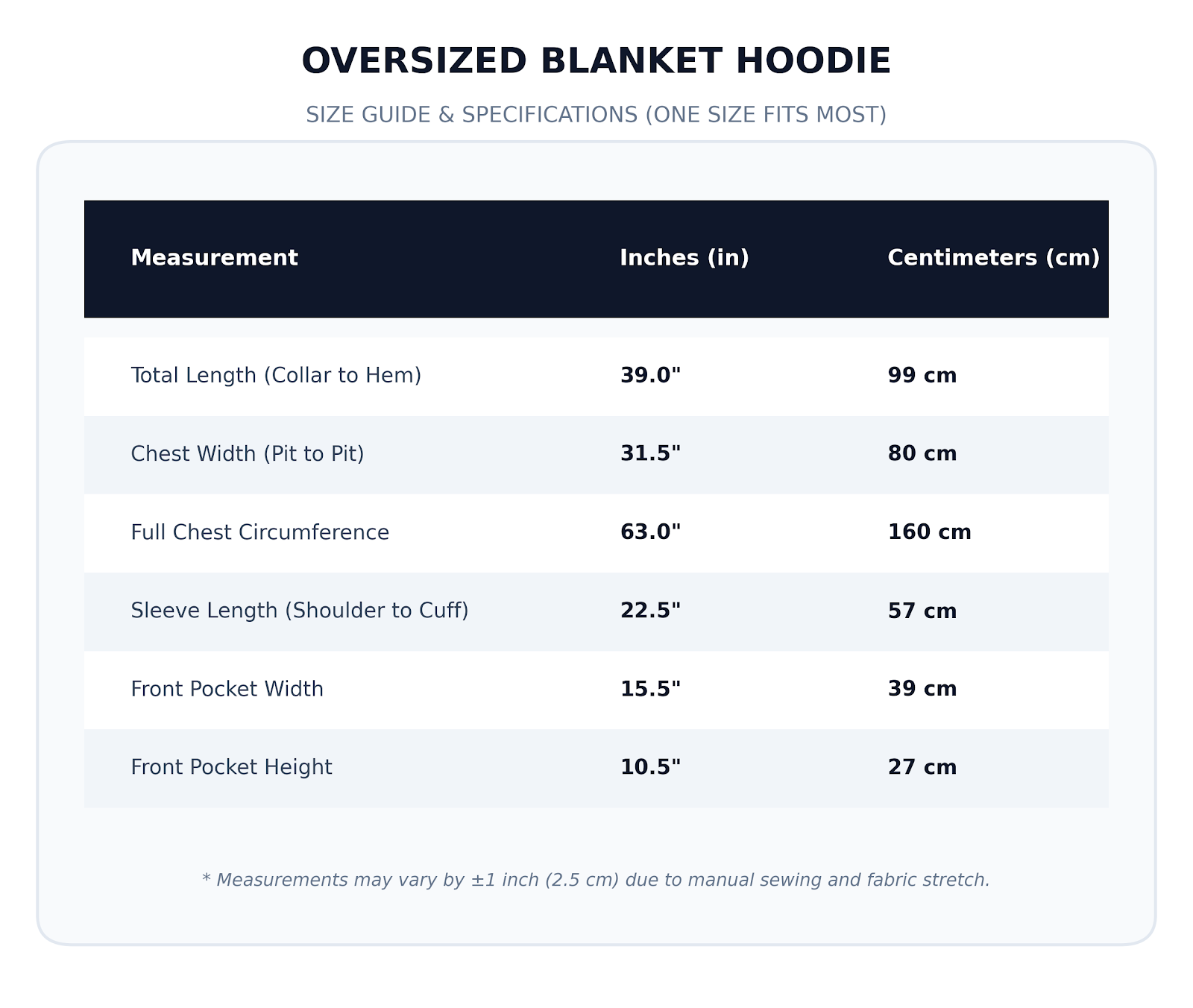 Oversized Blanket Hoodie Size Chart