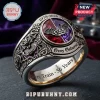 Ozzy Osbourne 1970-2026 Engraved Ring featuring a split red and purple gemstone, bat motifs, and metallic band detailing.