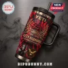 Ozzy Osbourne 78th Anniversary YETI Tumbler with red flame pattern, logo, and skull emblem on a dark grey background.