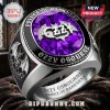 Ozzy Osbourne Bat Logo Engraved Ring featuring a large purple gemstone, silver metal finish, and Prince of Darkness text.