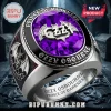 Ozzy Osbourne Bat Logo Engraved Ring featuring a large purple gemstone, silver metal finish, and Prince of Darkness text.