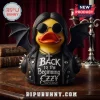 Ozzy Osbourne Bat Wings Rubber Duck Statue wearing a spiked leather jacket, round sunglasses, and a cross necklace.