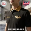 Ozzy Osbourne Custom Name Embroidered Black Polo Shirt featuring a gold bat logo and yellow collar on a male model.
