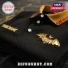 Ozzy Osbourne Custom Name Embroidered Black Polo Shirt featuring a gold bat logo and yellow collar detailing.