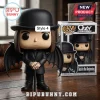Ozzy Osbourne Funko Pop Vinyl Figure wearing a black hat, suit, and bat wings with its box on a wooden desk.