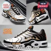 Ozzy Osbourne Prince of Darkness Air Max Plus shoes with black and white gradient uppers, gold accents, and rock logos.