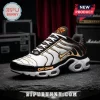 Ozzy Osbourne Prince of Darkness Air Max Plus shoes featuring black and white panels, gold branding, and metallic accents.