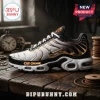 Ozzy Osbourne Prince of Darkness Air Max Plus shoes with black and white gradient mesh and metallic gold accents.