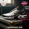 Ozzy Osbourne Prince of Darkness Air Max Plus shoes in black, white, and gold featuring script logo on a vintage trunk.