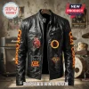 Ozzy Osbourne Prince of Darkness black leather jacket featuring band patches, logo embroidery, and zip-up front closure.