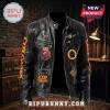 Ozzy Osbourne Prince of Darkness Black Leather Jacket with multiple heavy metal patches and red side lettering.