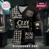 Ozzy Osbourne Prince of Darkness Checkered V-Neck T-Shirt with bat graphics and text patches on black and white fabric.