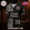 Ozzy Osbourne Prince of Darkness Checkered V-Neck T-Shirt featuring bat graphics, vintage patches, and heavy metal text.