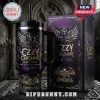 Ozzy Osbourne Prince of Darkness stainless steel handle tumbler with purple and black graphics, cross, and bat wings logo.