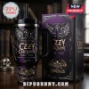 Ozzy Osbourne Prince of Darkness stainless steel handle tumbler in purple with gothic cross, wings, and signature graphic.
