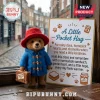 Paddington Bear Needle Felted Pocket Hug with red hat and blue coat standing next to a marmalade themed poem card.