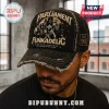 Parliament Funkadelic distressed denim baseball cap featuring gold band graphic, frayed edges, and 1968 embroidery detail.