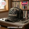 Parliament Funkadelic distressed denim baseball cap featuring a graphic band portrait and text on a vintage record player.