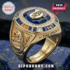 Parramatta Eels 1947 Engraved Gold Ring with a central blue gemstone, gold eel emblem, and decorative side panels.
