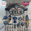 Parramatta Eels Commbank Stadium metal wind chime featuring team logos, miniature jersey, cap, ball, and premiership trophy.
