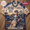Parramatta Eels NRL Mascot Hawaiian shirt featuring palm trees, vintage truck graphics, and team logos on a tan background.