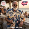 Parramatta Eels NRL Mascot Hawaiian shirt featuring blue palm trees, team logos, and beer bottle graphics on tan fabric.
