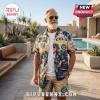 Parramatta Eels NRL Mascot Hawaiian shirt featuring blue palm trees, tan sunset background, and team branding on a man.