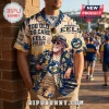 Parramatta Eels NRL Mascot Hawaiian shirt featuring tropical palm trees, team logos, and vintage lifestyle illustrations.