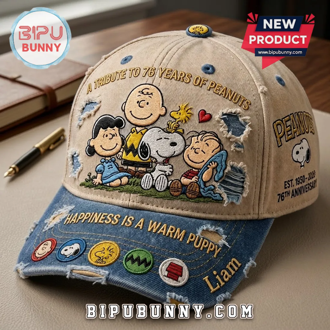 Peanuts 76th Anniversary Embroidered Denim Baseball Cap Peanuts 76th Anniversary Embroidered Denim Baseball Cap