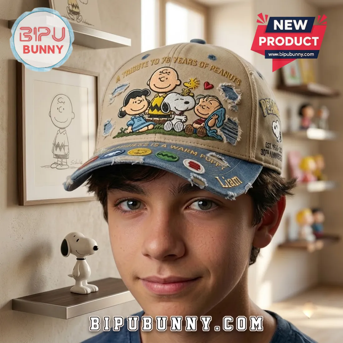 Peanuts 76th Anniversary Embroidered Denim Baseball Cap Peanuts 76th Anniversary Embroidered Denim Baseball Cap