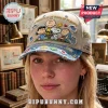 Peanuts 76th Anniversary Embroidered Denim Baseball Cap featuring Snoopy and friends on a beige and distressed blue fabric.