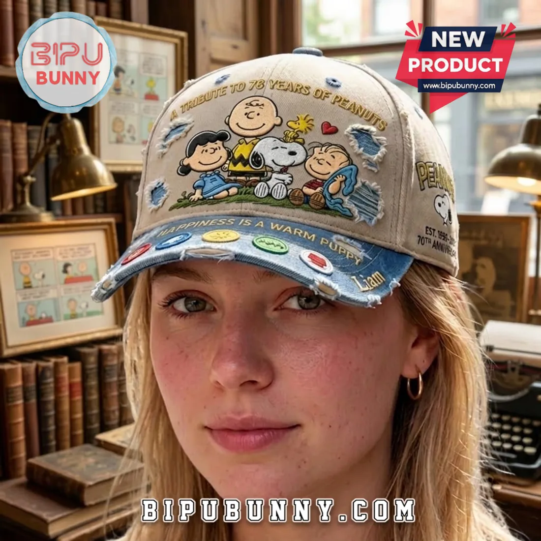 Peanuts 76th Anniversary Embroidered Denim Baseball Cap Peanuts 76th Anniversary Embroidered Denim Baseball Cap
