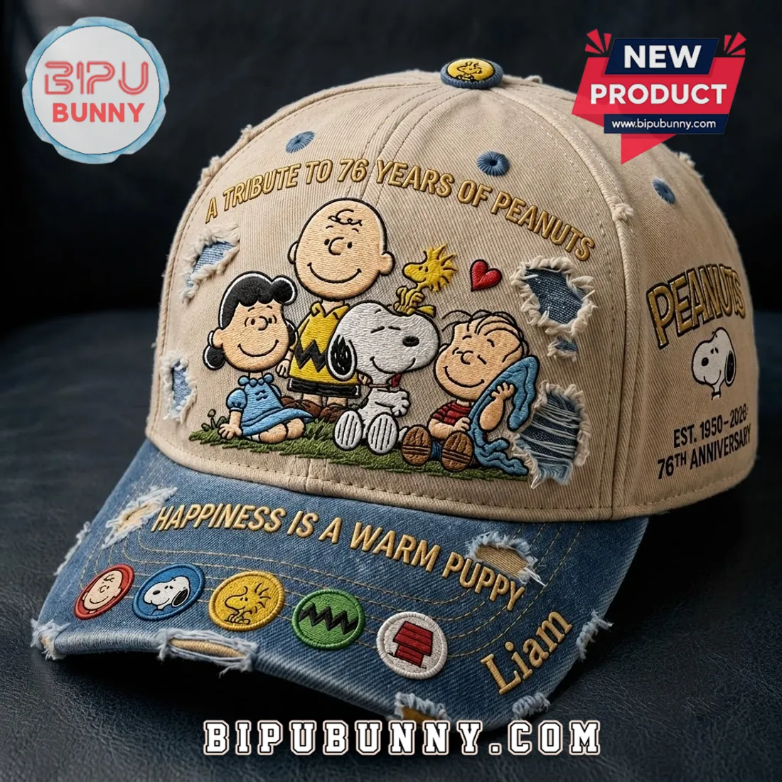 Peanuts 76th Anniversary Embroidered Denim Baseball Cap Peanuts 76th Anniversary Embroidered Denim Baseball Cap