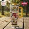 Peanuts Snoopy Mrs Teresa Personalized 40oz Tumbler with yellow handle, cream base, and colorful Peanuts character graphics.