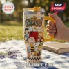 Peanuts Snoopy Mrs Teresa personalized 40oz tumbler with yellow handle featuring cartoon character wrap on beige metal body.