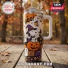 Peanuts Snoopy Pumpkin Patch 40oz Tumbler Cup featuring Snoopy in a witch hat, carved pumpkins, ghosts, and fall foliage.
